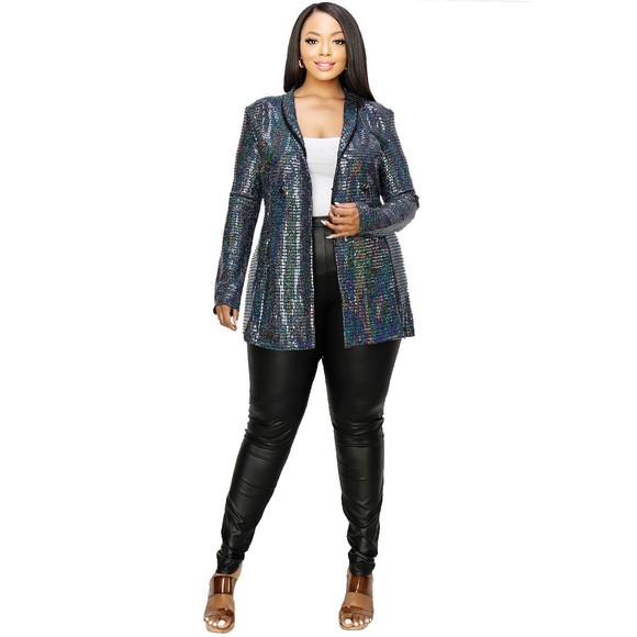 🌟Plus Disco Metallic Sequins Double Breasted Blazer - Picture 2 of 8